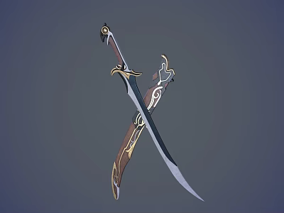 Artistic Crossed Swords with Golden Decorations and Intricate Hilt Patterns 3d model