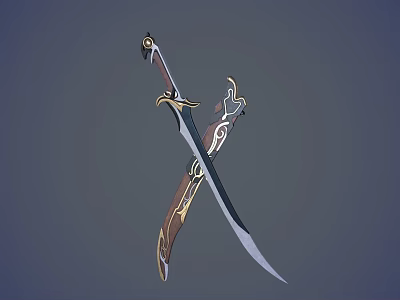 Artistic Crossed Swords with Golden Decorations and Intricate Hilt Patterns 3d model
