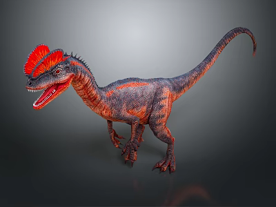 Red Crested Dinosaur with Black and Red Patterns Open Mouth in Standing Posture 3d model