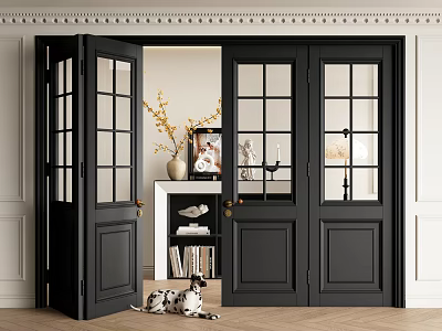 Black Folding Doors with Glass Panels in Modern Interior Wooden Floor and Decorative Shelf 3d model