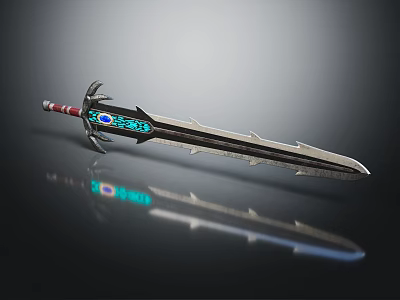 Sharp Metallic Sword With Blue Glowing Accents And Red White Striped Hilt 3d model