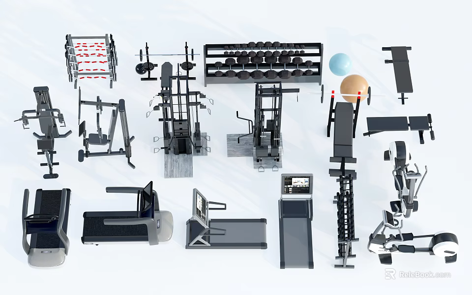 Gym Fitness Equipment Collection Including Treadmill Dumbbell Rack Bench Press And Barbell 3d model 