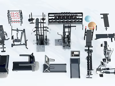 Gym Fitness Equipment Collection Including Treadmill Dumbbell Rack Bench Press And Barbell 3d model