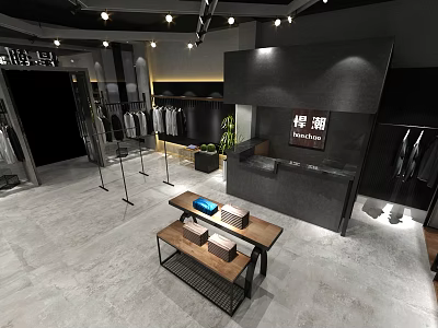 Modern Clothing Store Interior With Clothing Racks Display Area And Reception Desk 3d model