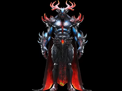 Mythical Game Movie Character With Antler Helmet Blue Red Armor Glowing Details And Flowing Cloak 3d model