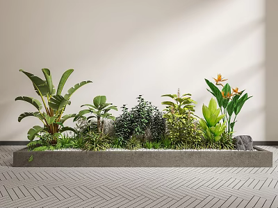 Indoor Garden With Various Green Plants Orange Flowers In Gray Rectangular Planter And Light Wall 3d model
