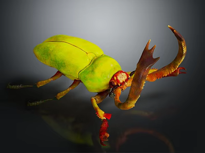 Vibrant Green Beetle With Curved Brown Horns And Colorful Legs On Dark Reflective Surface 3d model