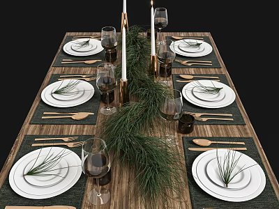 Wooden Table Dinnerware Set with White Plates Green Placemats Wine Glasses and Pine Branch Decoration 3d model
