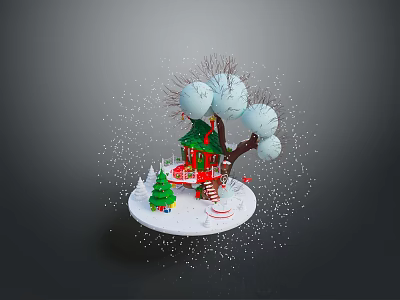 Winter Snowy Landscape With Small House Snow Covered Trees And Falling Snowflakes 3d model