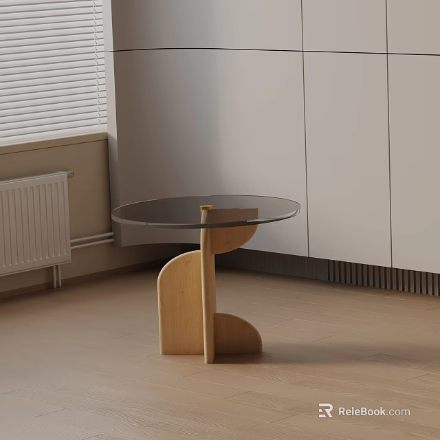 Modern Round Side Table With Glass Top And Wooden Base In Living Room 3d model 