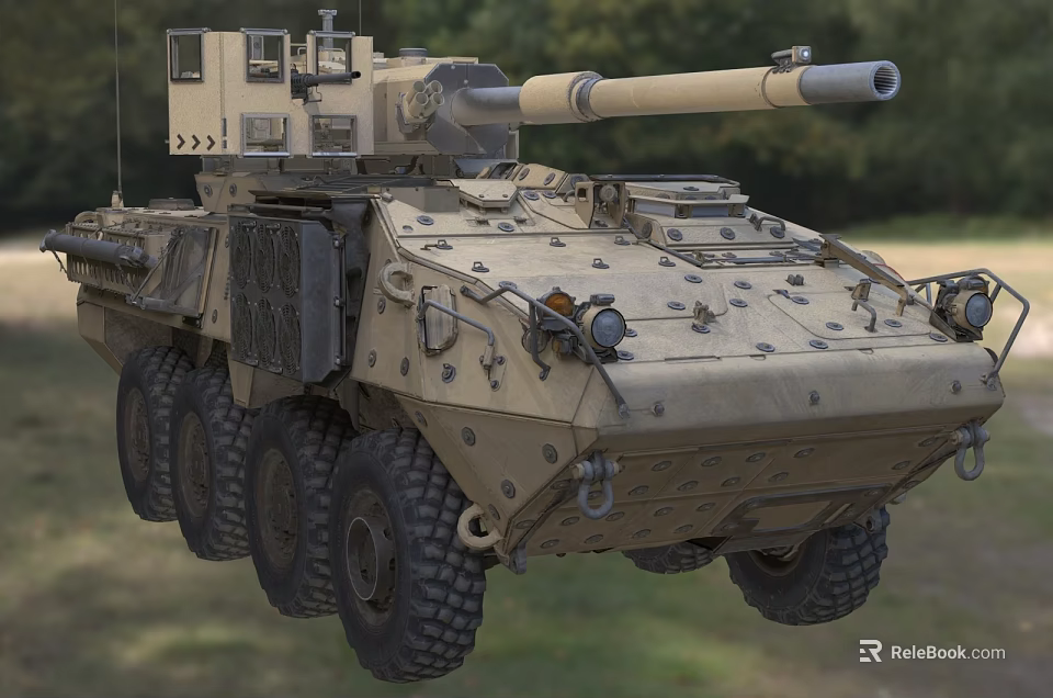 Sand Colored Wheeled Tank With Cannon Armor And Military Equipment In Field 3d model 