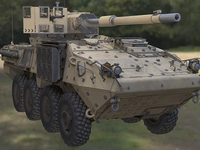 Sand Colored Wheeled Tank With Cannon Armor And Military Equipment In Field 3d model