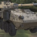 Sand Colored Wheeled Tank With Cannon Armor And Military Equipment In Field