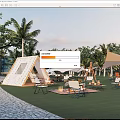 Scenic Campsite With Tents Palm Trees Green Lawn Outdoor Furniture And Decorative Lights