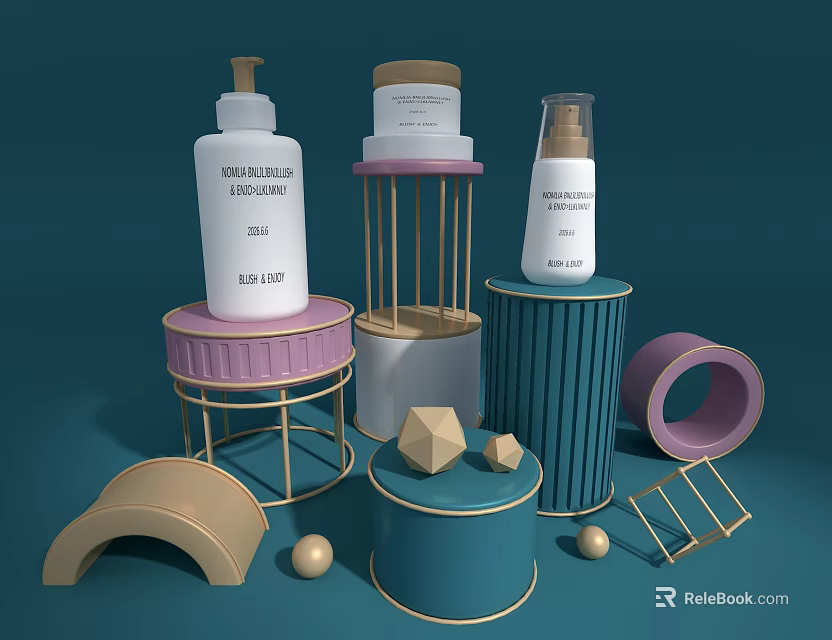 Elegant Perfume Cosmetics Display With Bottles Containers And Decorative Geometric Stands 3d model 
