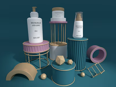Elegant Perfume Cosmetics Display With Bottles Containers And Decorative Geometric Stands 3d model