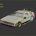 Silver DeLorean Car With Gull Wing Doors And Futuristic Roof Equipment