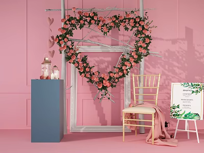 Decorative Setup With Heart Shaped Floral Arrangement Pink Background Blue Pedestal Golden Chair And Easel 3d model
