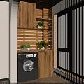 Modern Wooden Storage Cabinet Shelf With Green Plants And Washing Machine Near Window