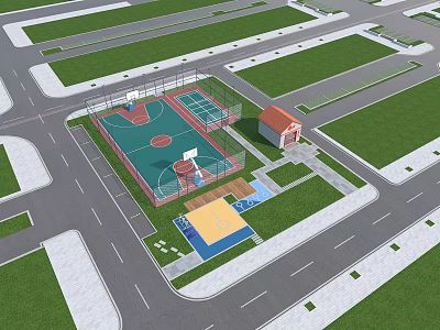 Neighborhood Sports Area With Basketball Courts Small Building Green Spaces And Roads 3d model
