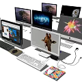 Various Computer Monitors Display Different Screens with Keyboard Mouse and Desktop Accessories 3d model