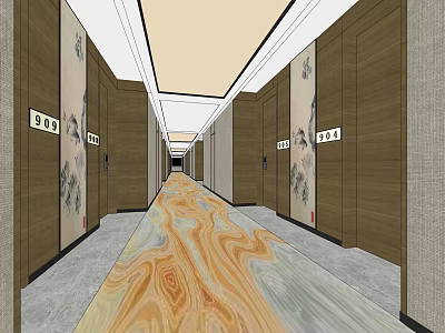 Elevator Hallway With Wooden Walls Decorative Paintings Numbered Doorplates And Patterned Floor Tiles 3d model