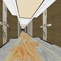 Elevator Hallway With Wooden Walls Decorative Paintings Numbered Doorplates And Patterned Floor Tiles