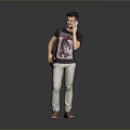 Man Talking on Phone in Dark T-Shirt and Light Pants Carrying Backpack Against Gray Background