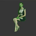 Sitting Woman In Black And White Sleeveless Dress With Red High Heels On Gray Background