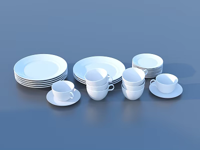 White Dinnerware Set With Stacked Plates Cups And Saucers For Dining Table 3d model
