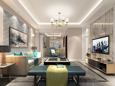 Modern Living And Dining Area Interior Design With Chandelier Sofa Coffee Table And TV 3d model
