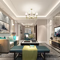Modern Living And Dining Area Interior Design With Chandelier Sofa Coffee Table And TV