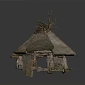 Stone Shelter Structure With Sloped Roof And Wooden Branches On Top