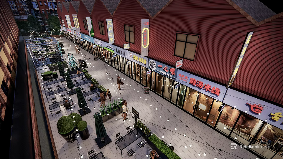 Vibrant Commercial Street With Red Roof Buildings Shops Outdoor Seating Green Plants And String Lights 3d model 