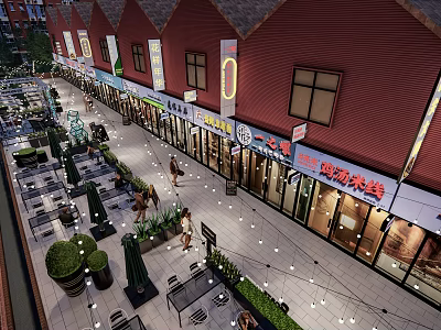 Vibrant Commercial Street With Red Roof Buildings Shops Outdoor Seating Green Plants And String Lights 3d model