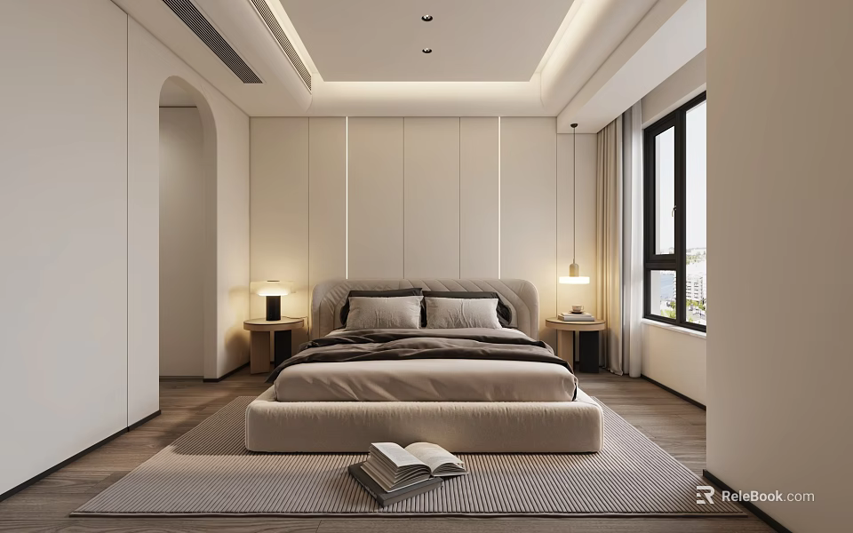 Modern Bedroom Interior With Bed Nightstands Table Lamps Wooden Floors Rug Book And Window 3d model 