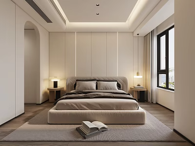 Modern Bedroom Interior With Bed Nightstands Table Lamps Wooden Floors Rug Book And Window 3d model