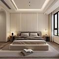 Modern Bedroom Interior With Bed Nightstands Table Lamps Wooden Floors Rug Book And Window