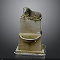 Lion Statue Lying On Top Of Stone Fountain With Basin And Base
