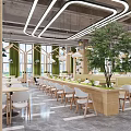Modern Dining Space Interior With Wooden Frames White Chairs Green Plants And Pendant Lights