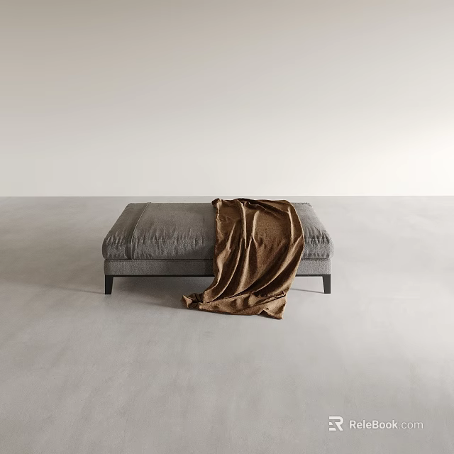 Soft Gray Upholstered Ottoman With Cozy Brown Blanket In Minimalist Room 3d model 