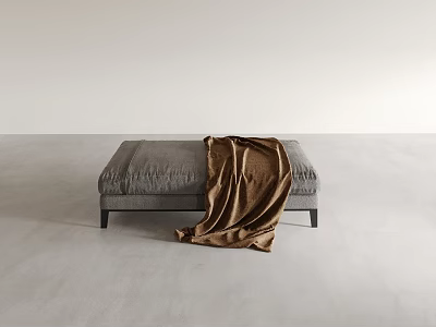 Soft Gray Upholstered Ottoman With Cozy Brown Blanket In Minimalist Room 3d model
