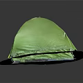 Green Dome Shaped Tent with Yellow Zipper on Gravel Platform against Dark Background and Reflection