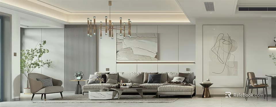 Modern Dining and Living Room Interior Design with Sofa Chandelier Striped Wall and Decorative Painting 3d model 