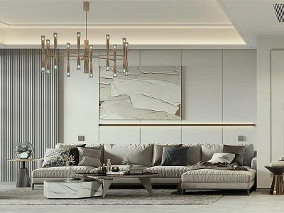 Modern Dining and Living Room Interior Design with Sofa Chandelier Striped Wall and Decorative Painting 3d model