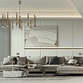 Modern Dining and Living Room Interior Design with Sofa Chandelier Striped Wall and Decorative Painting