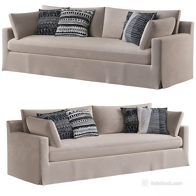 Comfortable Soft Beige Modern Two-Seater Sofa With Black And White Geometric Pattern Cushions 3d model
