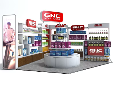 GNC Mall Counter with Shelves Displaying Various Health Products and Advertising Panel 3d model