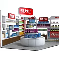 GNC Mall Counter with Shelves Displaying Various Health Products and Advertising Panel