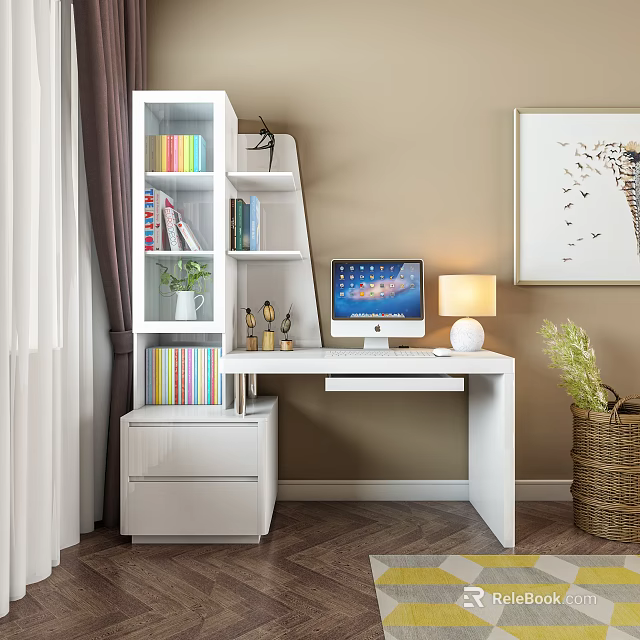 White Desk With iMac Computer Table Lamp Colorful Bookshelf And Green Plant 3d model 